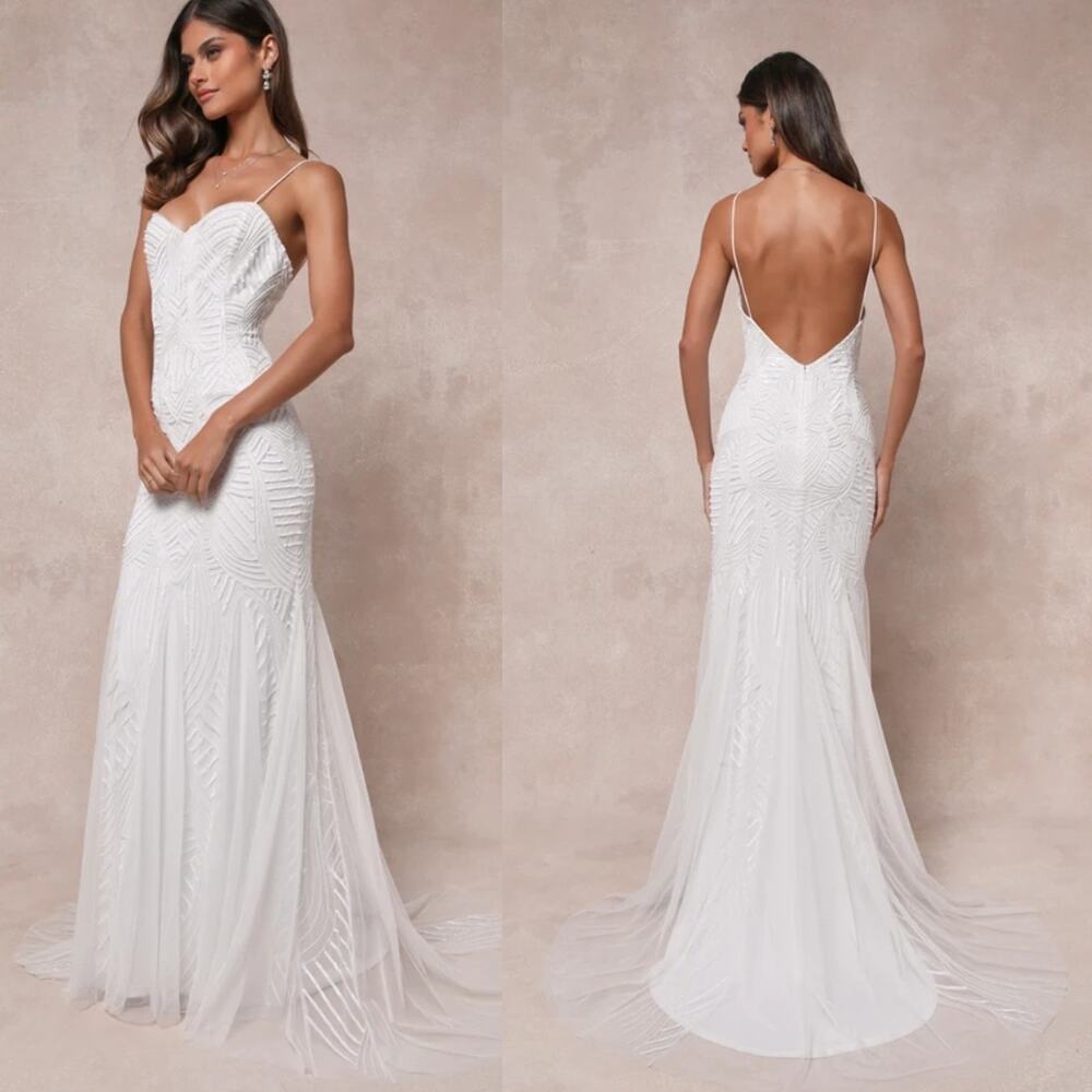 NWT Lulus Radiant Presence White Sequin Sleeveless Backless Maxi Dress Bridal M